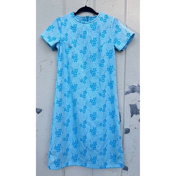 Vintage Sears 60s 70s Blue Floral Retro Mod Short Sleeve Sheath Dress - Picture 1 of 9